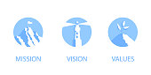 Mission, vision and values flat style design icons signs web concepts vector illustration set isolated on white background. Web page template concepts for business company strategy and teamwork plan.