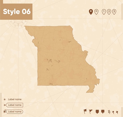 Missouri, USA - vintage vector map isolated on brown background. Sepia map, outline style. Vector illustration. Vector template for website, design, cover, infographics.