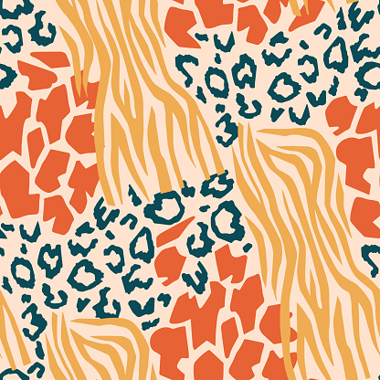 Mix animal skin prints. Leopard, tiger, giraffe and zebra seamless pattern.