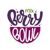Mix Berry Bowl logo. Vector illustration with hand drawn lettering typography. Design template for cafe, restaurant, shop, bar. Breakfast, brunch menu. Healthy super food trend. Icon, badge, sign