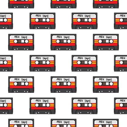 Vector seamless pattern of mix cassette tapes on a white background. vector
