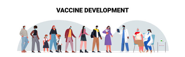 ilustraciones, imágenes clip art, dibujos animados e iconos de stock de mezclar pacientes de raza en máscaras a la espera de la campaña de inmunización médica de prevención de coronavirus de la vacuna covid-19 - vaccine