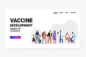 mix race patients in masks waiting for covid-19 vaccine coronavirus prevention medical immunization campaign concept full length horizontal vector illustration