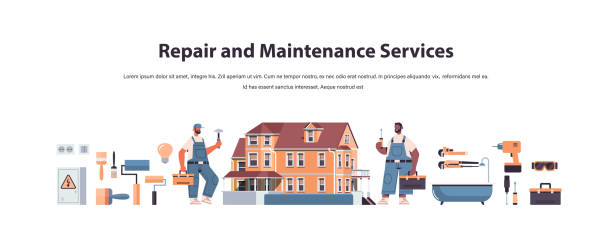 mix race professional repairmen in uniform making house renovation home maintenance repair service concept mix race professional repairmen in uniform making house renovation home maintenance repair service concept copy space full length horizontal isolated vector illustration african american plumber stock illustrations