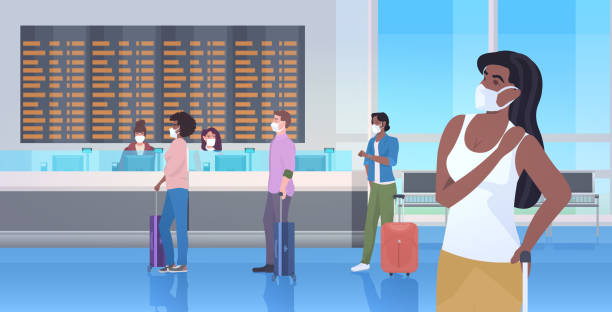 ilustrações de stock, clip art, desenhos animados e ícones de mix race travelers with baggage wearing masks to prevent coronavirus pandemic airport terminal interior - airport lounge business