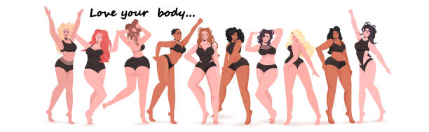 mix race women of different height figure type and size standing together love your body concept mix race women of different height figure type and size standing together love your body concept girls in swimsuits full length horizontal vector illustration positive body image stock illustrations