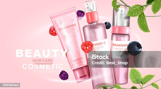 istock Mixed berry cosmetic. Collagen vitamin skin care. Beauty packaging cream set. 1315165462