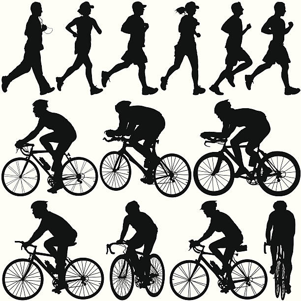 Mixed Fitness Silhouette Set ZOOM IN to check out the detail. This Silhouette set of Joggers and Cyclists is perfect for a variety of different design projects. This file has been layered and grouped for easy editing. This file includes a large JPG file, an ai V10 file, and an eps file. cycling silhouettes stock illustrations