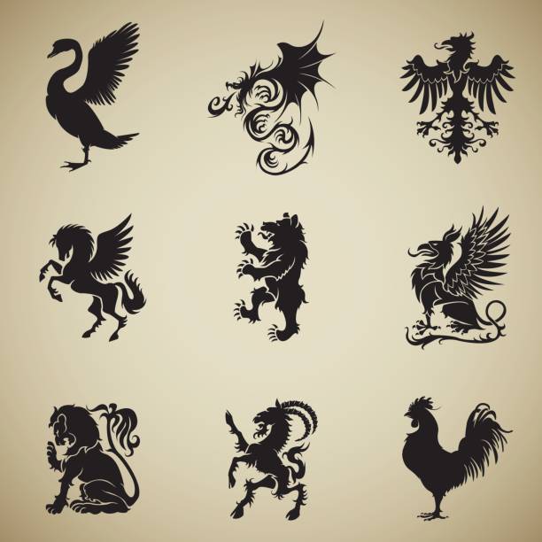 Mixed heraldry collection A collection of nine heraldic symbols black silhouettes in profile. From top left to right are ranked as the next swan, dragon, eagle, phoenix, bear, griffin, lion, goat, rooster pegasus stock illustrations
