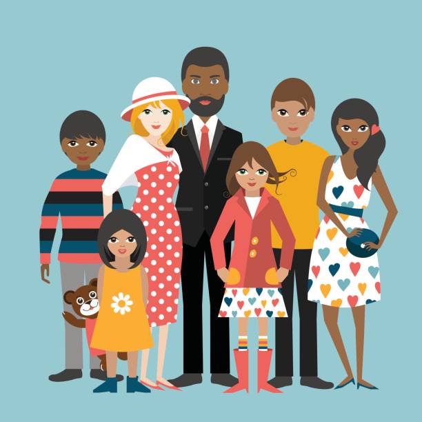 Mixed race family with 5 children. Cartoon ilustration, vector. Mixed race family with 5 children. Cartoon ilustration, vector. latin family stock illustrations