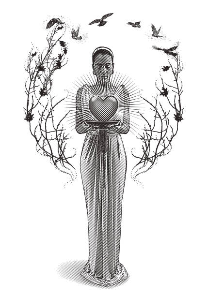 Mixed race romance goddess holding glowing heart. Engraving of a mixed race romance Goddess holding glowing heart. african american valentine stock illustrations
