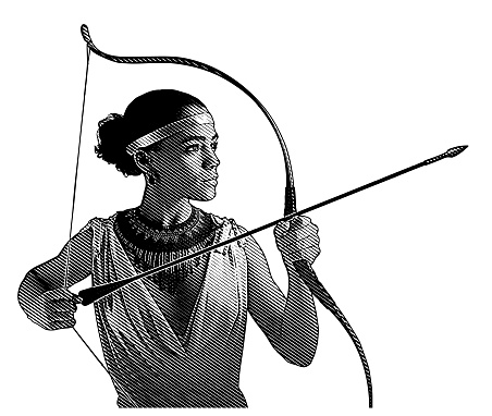 Mixed race woman heroine aiming bow and arrow.