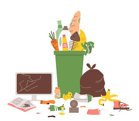 Mixed waste container. Trash can and dumpster with heap of mixed rubbish. Unsorted organic, paper, plastic, glass and metal waste. Littering household waste. Isolated flat vector illustration.