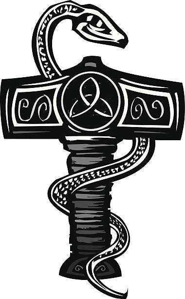 Mjolnir and Serpent Woodcut image of the Norse god Thor's Hammer entwined with a serpent. thor hammer stock illustrations