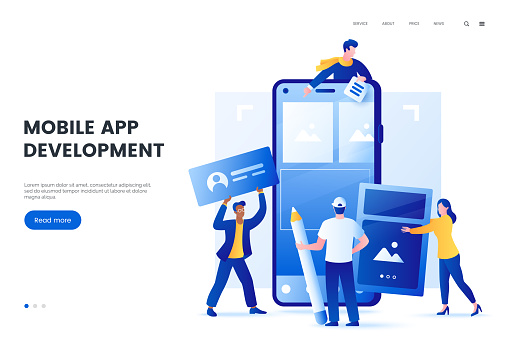 Mobile application development vector illustration. Group of people create a mobile app for smartphone. Team build a user interface design on the phone screen. Flat style.
