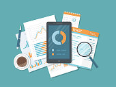Mobile auditing, data analysis, statistics, research. Phone with information on the screen, documents, report, calendar, magnifier, coffee, pen. Growing Charts and Charts. Top view Vector illustration