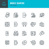 Mobile Banking - thin line vector icon set. 20 linear icon. Pixel perfect. Editable outline stroke. The set contains icons: Mobile Banking, Mobile Phone, Digital Wallet, Contactless Payment, Mobile Payment, Financial Bill, Deposit Box, Support.