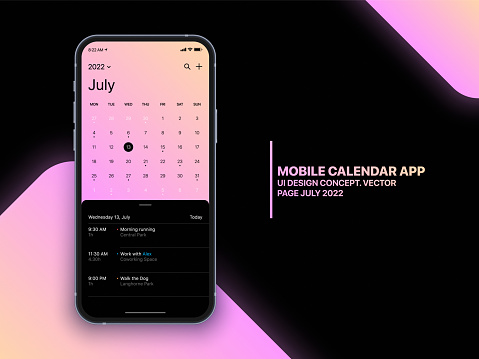 Mobile Calendar App Concept July 2022 Page with To Do List and Tasks UI UX Design Vector on Realistic Phone Screen Mockup Isolated on Background. Smartphone Business Planner Application Template