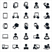 An icon set of mobile devices and computers. The icons also include several instances of people using and interacting with the devices and computers. They include smartphones, tablets, smartwatches, laptop and desktop computers.