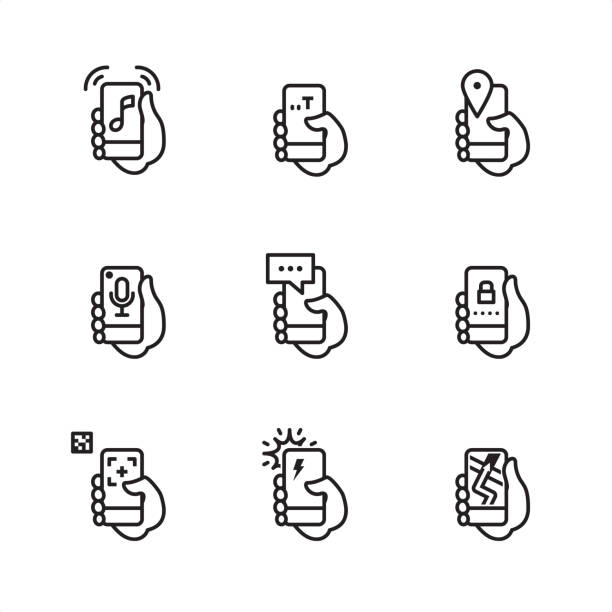 Mobile interaction - Pixel Perfect outline icons Mobile interaction related outline vector icon set.

9 Outline style black and white icons / Set #19

CONTENT BY ROWS

First row of outline icons contains: 
Mobile playing music, Hands typing on phone screen, Mobile Check-In.

Second row contains: 
Mobile voice recorder, Reading Message on phone screen, Locked screen.

Third row contains: 
QR code scanning, Phone Flashlight, Using Map on phone screen.

Pixel Perfect Principle - all the icons are designed in 64x64 px grid, outline stroke 2 px.

Complete Outline 3x3 PRO collection - https://www.istockphoto.com/collaboration/boards/hyo8kGplAEWxASfzDWET0Q camera flash stock illustrations