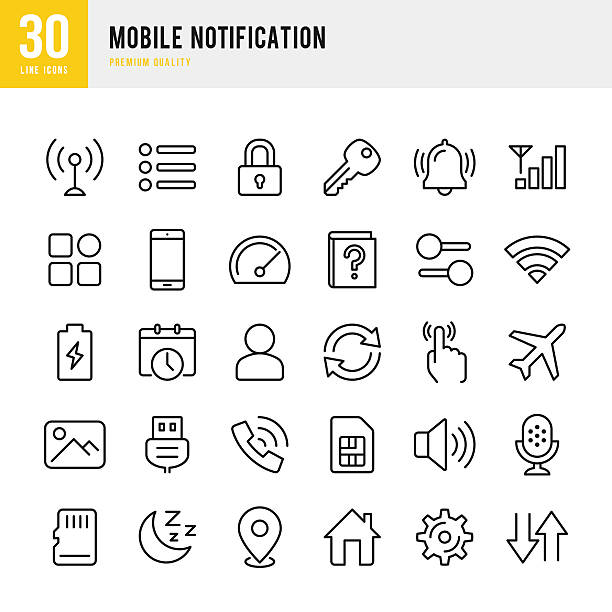 stockillustraties, clipart, cartoons en iconen met mobile notification  - set of thin line vector icons - update