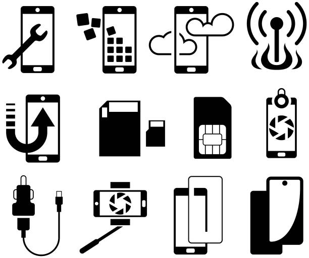 Mobile Phone Accessories Icons Icon Set of mobile phone accessories and equipment. Single colour isolated. phone cover stock illustrations