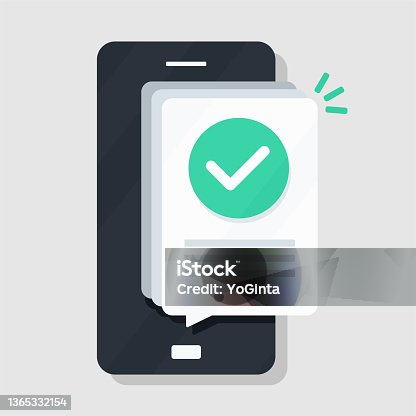 istock Mobile phone and checkmark notification. 1365332154