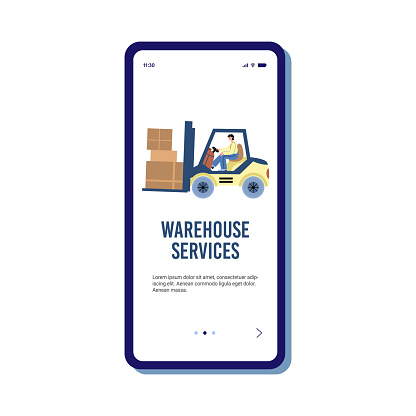 Mobile phone app for warehouse services with yellow forklift carrying cargo.