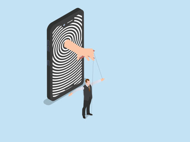 Mobile phone controls businessman like marionette Addiction vector concept. Mobile phone screen showing swirl symbol while controlling businessman like a marionette person hypnotized by mass media stock illustrations
