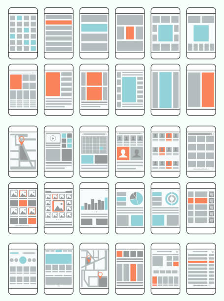 Mobile phone flow charts, wireframes, set of interface layouts Mobile phone flow charts, wireframes, set of interface layouts for mobile applications website wireframe stock illustrations