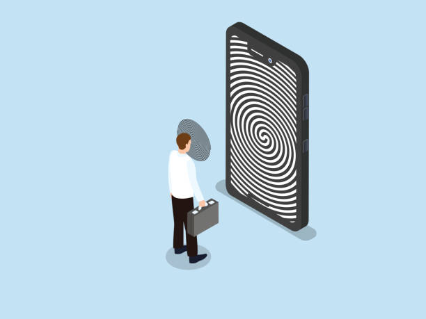 Mobile phone hypnotizing businessman Addiction vector concept. Mobile phone screen showing swirl symbol while hypnotizing businessman person hypnotized by mass media stock illustrations