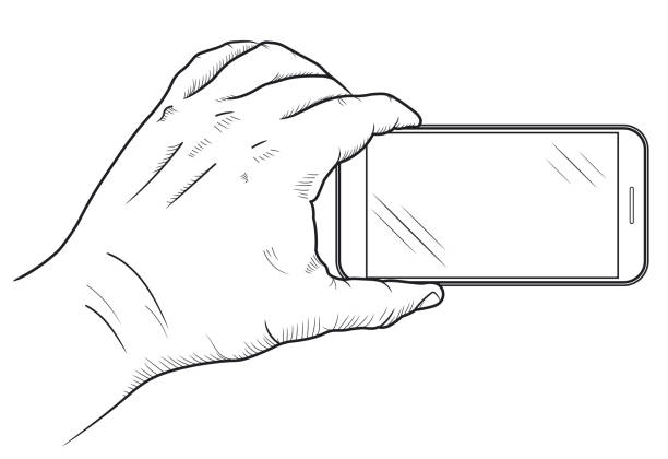 ilustrações de stock, clip art, desenhos animados e ícones de mobile phone in hand front view. sketch of hand holding empty smartphone. vector - mobile phone