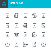 Mobile Phone - thin line vector icon set. 20 linear icon. Pixel perfect. Editable outline stroke. The set contains icons: Wireless Phone Charger, Mobile Banking, Contactless Payment, Cloud, Smart Phone, Using Phone, Blogging.