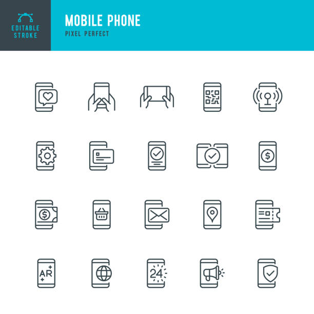 휴대 전화 - 가는 선 벡터 아이콘 세트. 픽셀 완벽. 편집 가능한 스트로크입니다. 이 세트에는 스마트폰, 비접촉식 결제, 모바일 결제, 증강 현실, 온라인 쇼핑, 전자 메일, qr 스캔 아이콘이 포함� - 휴대용 통신 기기 stock illustrations