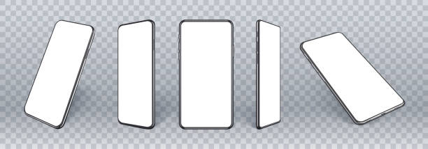 휴대 전화 는 ui ux 앱 디자인 또는 웹 사이트를 보여주는 격리 흰색 빈 화면과 격리 된 다른 각도에서, 3d 투시 뷰 셀룰러 모형. 현실적인 스마트 폰 모형. - iphone stock illustrations