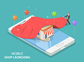 Flat isometric vector concept of mobile store app launch, startup idea, mobile development.