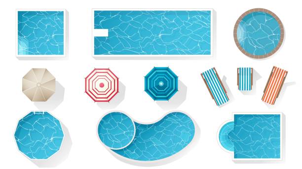 Mobile Set of different vector forms of swimming pools and outdoor furniture top view for design. Rectangular, square and circular pool. Chairs, sunbeds, umbrellas. Outdoor elements isolated on white. standing water stock illustrations
