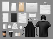 Mock up for cafe. Realistic paper menu styled up for restaurant brand, cup and branding clothes vector corporative style branded food corporate packaging template set