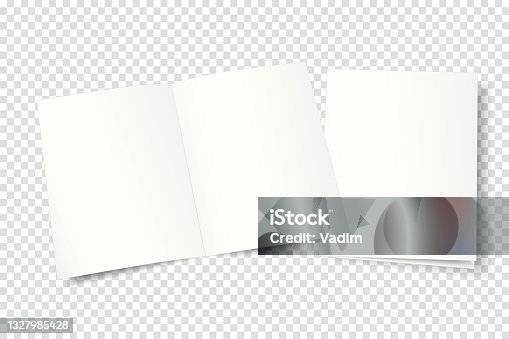 istock A4 mock up of an open and closed two-page booklet, brochure, magazine, book on transparent background. 1327985428