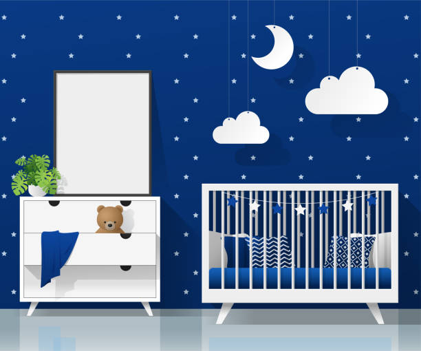 Mock up poster frame in modern baby bedroom , vector , illustration Mock up poster frame in modern baby bedroom , vector , illustration bed furniture borders stock illustrations