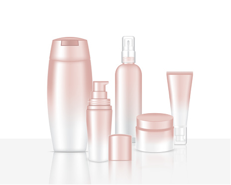 bottles lotion rose gold mock skincare pump realistic pastel shampoo dropper spray background illustration soap cream oil body premium vector