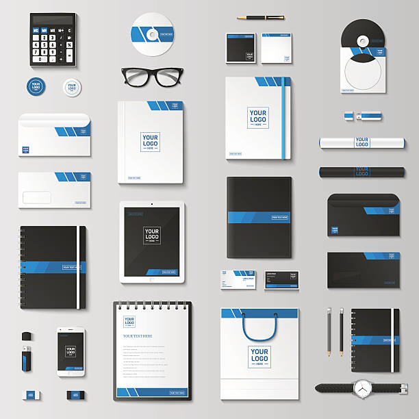 Mock up vector set. Corporate identity template set. Business stationery mock-up with poster. Branding design. Notebook, card, catalog, pen, pencil, badge,  tablet pc, mobile phone, letterhead. stationery templates stock illustrations