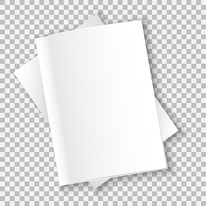 The layout of the two white soft-cover books, one on top of the other, lie on the table. Soft shadows. Ready to insert text or image. Isolated on a transparent background. Vector illustration.