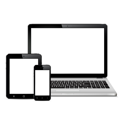 Mockup consisting of laptop, tablet pc and mobile smartphone with blank screen. For adaptive design presentation.