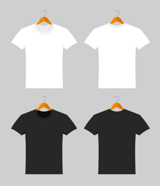 Mockup of blank unisex t-shirts in a flat style. Mockup of blank unisex t-shirts in a flat style. Summer clothing in the front and back side hanging on hanger. Template of white and black shirt for man and woman, male and female. button down shirt stock illustrations
