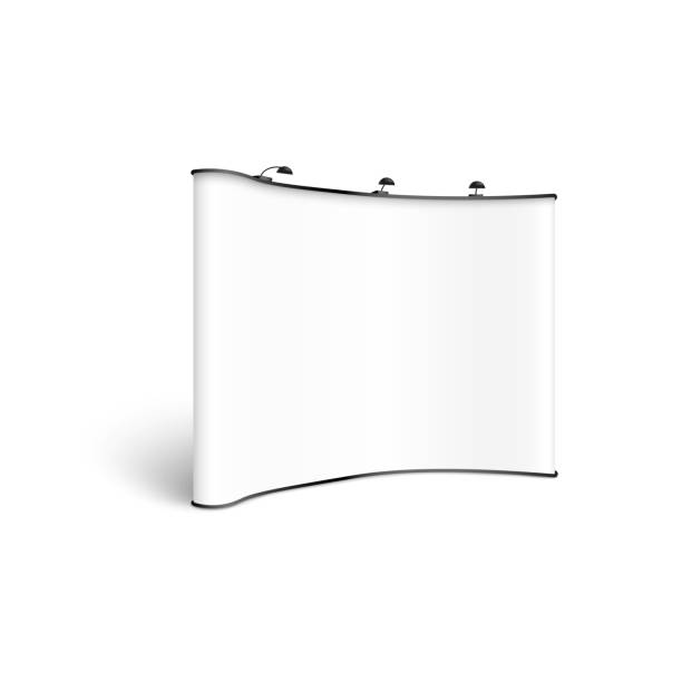 Mockup of blank white concave exhibition stand with spotlights realistic style Mockup of blank white concave exhibition stand with spotlights realistic style, vector illustration isolated on white background. Template of empty curved show booth billboard or popup banner halogen light stock illustrations