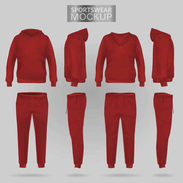 Mockup of the red sportswear hoodie and trousers in four dimensions Mockup of the red sportswear hoodie and trousers in four dimensions: front, side and back view, realistic gradient mesh vector. Clothes for sport and urban style blank hoodie template drawing stock illustrations