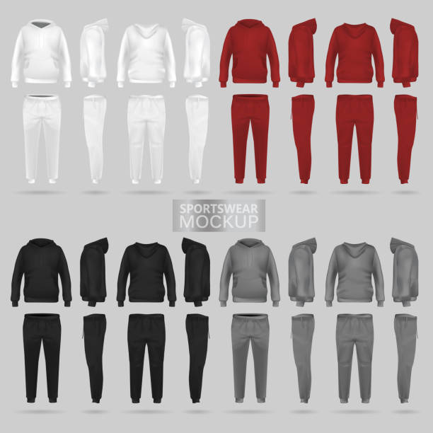 Mockup of the sportswear hoodie and trousers in four dimensions Mockup of the sportswear hoodie and trousers in four dimensions: front, side and back view, realistic gradient mesh vector. Clothes for sport and urban style. Black, red, gray, white blank hoodie template drawing stock illustrations