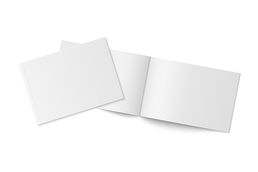 Vector mockup of two thin books with soft cover isolated. Gray horizontal magazine, brochure or booklet template opened and closed on white background. 3d illustration for your design