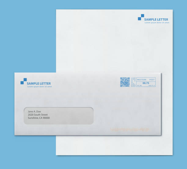 Mockup post envelope and letter paper template Vector illustration of closed white envelope for letters and documents with transparent window and corporate letterhead blank paper isolated on blue background. Mockup post envelope and letter paper template envelope stock illustrations